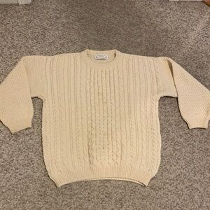 Vtg Highland House cream wool knit fisherman chunky crewneck sweater L-XL